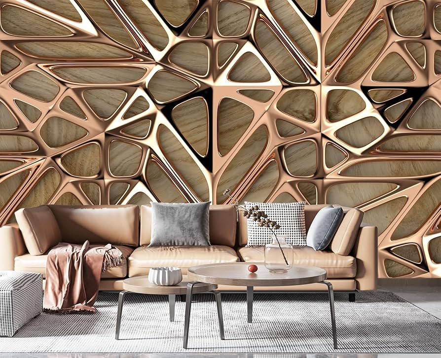 Luxury geometric wallpaper installation in a modern living room